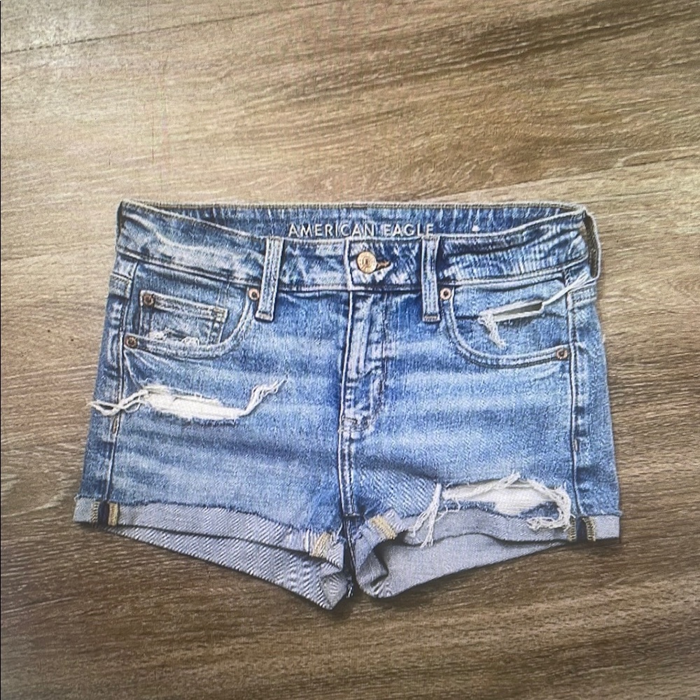 Blue Distressed Jean Shorts with Frayed Hem